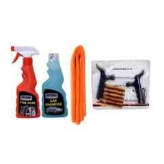 Indopower Ff635 250ml Tyre Shiner Spray, 250ml Car Shampoo, Orange Microfiber Cloth & Tubeless Smart Panchar Kit, AHh637