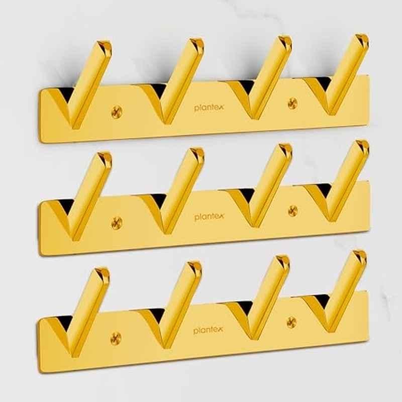 Plantex Wall Hooks for Hanging Cloth/Stainless Steel Towel Hangers/Bathroom Robe Hooks/Door Hangers/Square Wall Hook/Hook Rail for Hanging Keys 4 Hooks (Pack of 3), PVD Gold
