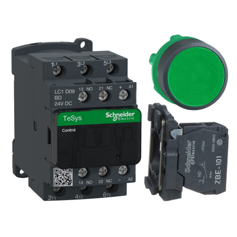 Schneider Electric LC1D09BD 9A 24VDC Contactor Combo with Push Button Head (ZB5AA3) & Single Contact Block (ZB5AZ101)