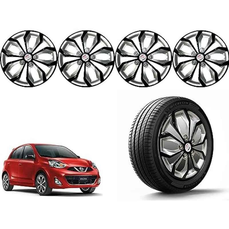 Auto Pearl 4 Pcs 14 inch Polypropylene Black & Silver Press Type Car Wheel Cover Set with Retention Ring for Nissan Micra 2015, 14WC_Pearl_Rev_Micra2015model