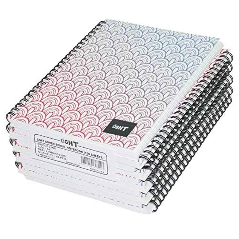 Light 100 Sheet A5 Single Ruled Multicolour Spiral Notebook with Soft Cover, LINBA51610S (Pack of 10)