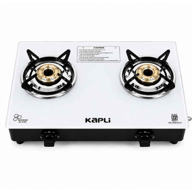 Kapli 2 Burner Mild Steel White Automatic Toughened Glass Top Gas Stove