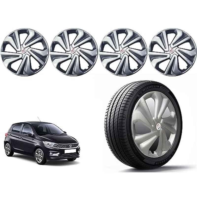 Auto Pearl 4 Pcs 14 inch Polypropylene Silver Press Type Car Wheel Cover Set with Retention Ring for Tata Tiago XT & XZ 2020, 14WC_Tiago_Silver_Tiago2020XT_XZModel