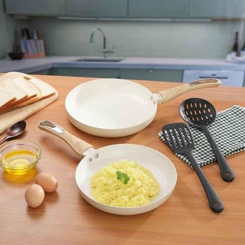 Cookaid Velora 2 Pcs 1.2 & 1.5 Litre Aluminium Oive Green Non Stick Ceramic Coated Fry Pan Set with 2 Pcs Nylon Tool, CKD-CC-FP2-27