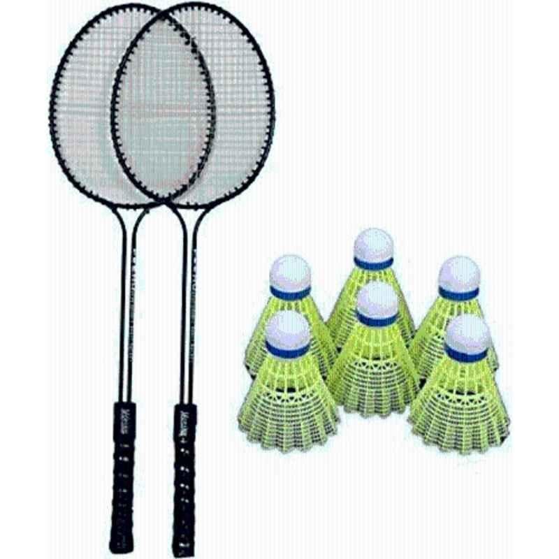 STYRKR Black Badminton Set, Double Shaft Racket Set of 2 with 6 Pcs Shuttlecock Badminton Kit
