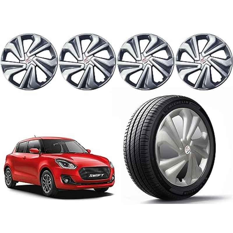 Auto Pearl 4 Pcs 14 inch Polypropylene Silver Press Type Car Wheel Cover Set with Retention Ring for Maruti Suzuki Swift 2018-2022, 14WC_Tiago_Silver_Swift2018_2022