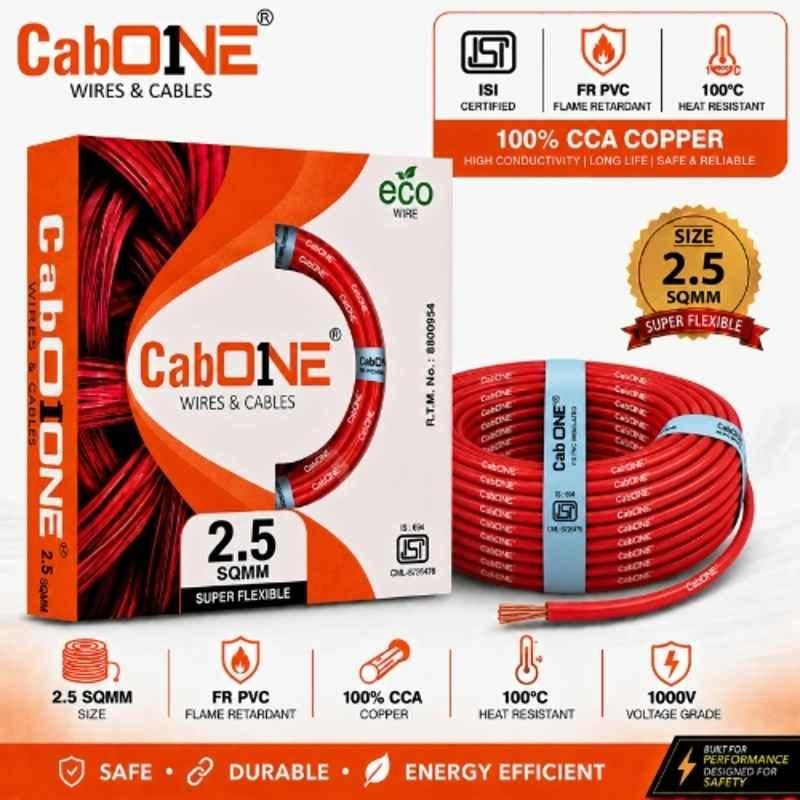 CabONE Lite 2.5 Sqmm Red Single Core FR PVC Insulated CCA Copper Electrical Wire, Length: 45 m