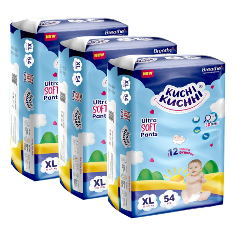 Kuchi Kuchhi 54 Pcs 12-17kg White Extra Large Ultra Soft Baby Diaper Pant with 3D Bubble Top, KKXL54X3 (Pack of 3)