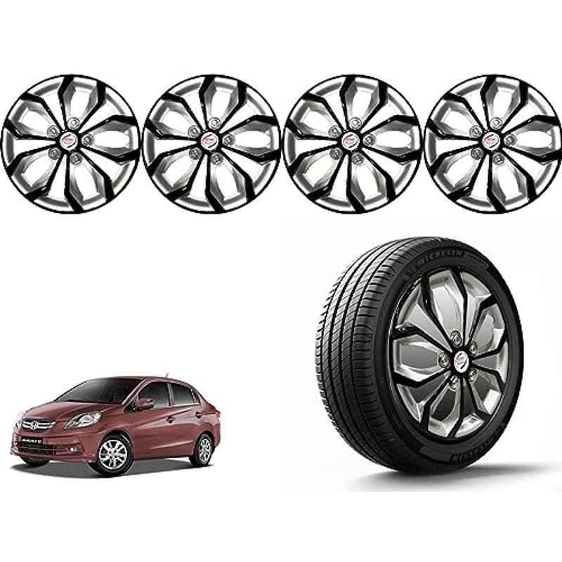 Auto Pearl 4 Pcs 14 inch Polypropylene Black & Silver Press Type Car Wheel Cover Set with Retention Ring for Honda Amaze Type 1 2013-2017, 14WC_Pearl_Rev_AmazeT1_2013_2017
