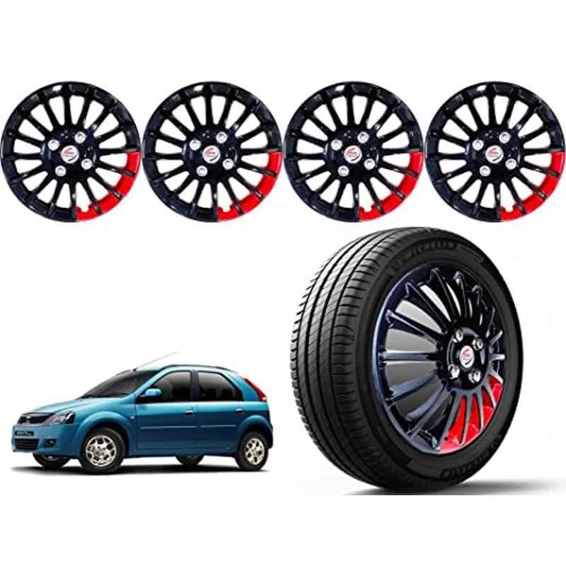 Auto Pearl 4 Pcs 14 inch Polypropylene Black & Red Press Type Car Wheel Cover Set with Retention Ring for Mahindra Verito Vibe