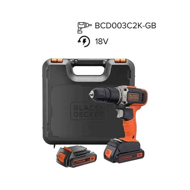 Black & Decker 18V 10mm Cordless Orange & Black Hammer Drill with 2 Batteries, BCD003C2K-GB