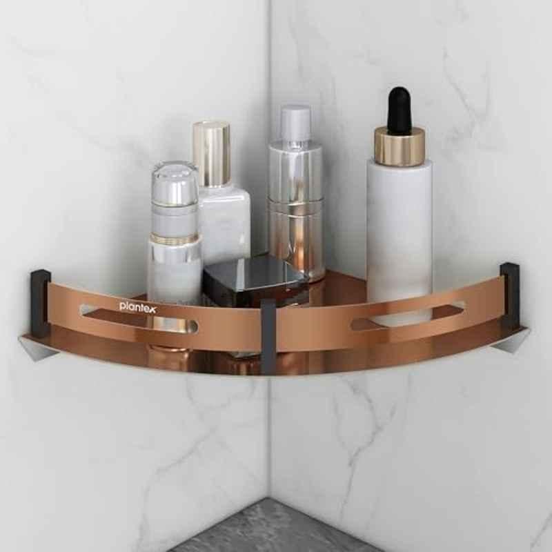 Plantex 9x9 inch PVD Rose Gold & Black Bathroom Corner Rack for Wall/Stainless Steel Shelf for Bathroom Corner with Railings/Bathroom Accessories Holder