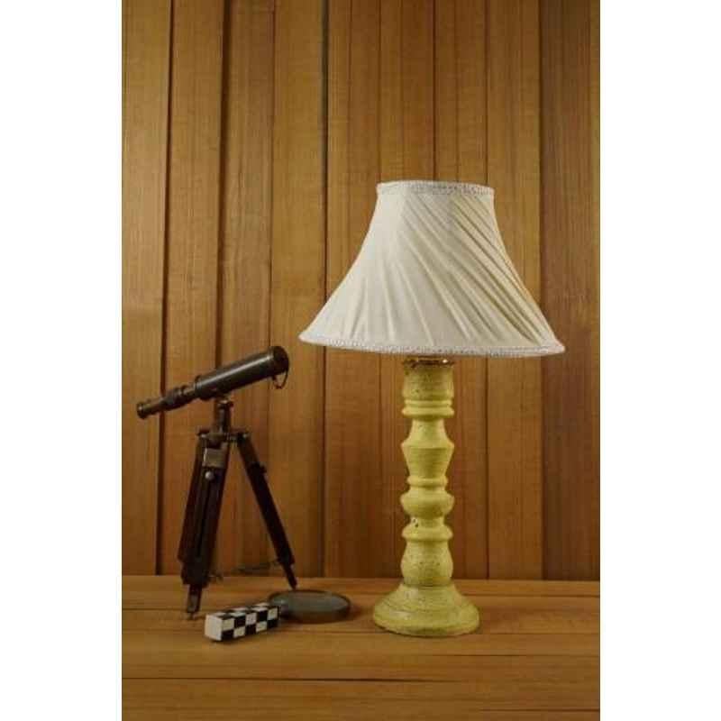 Tucasa Mango Wood Vintage Yellow Table Lamp with 12 inch Polycotton Off White Conical Shade, WL-278