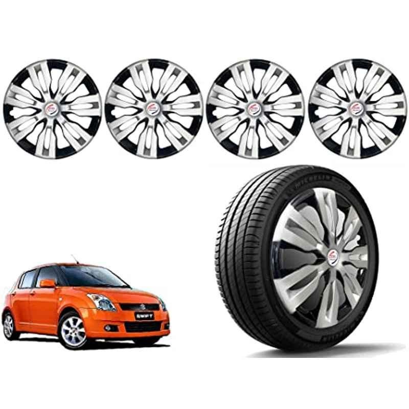 Auto Pearl 4 Pcs 14 inch Polypropylene Silver & Black Press Type Car Wheel Cover Set with Retention Ring for Maruti Suzuki Swift 2006-2010