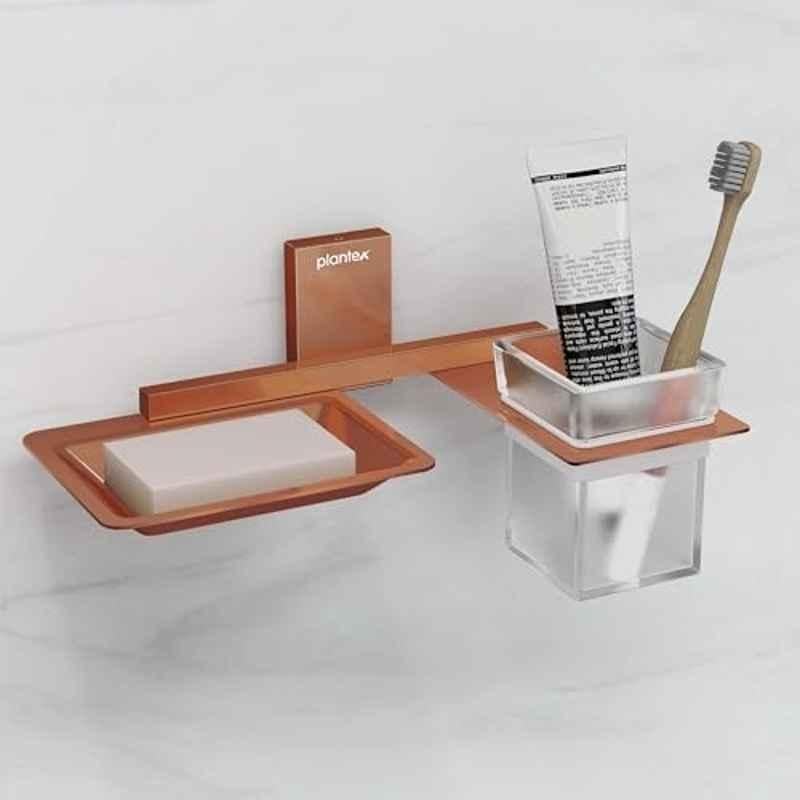 Plantex Soap Dish with Glass Toothbrush Holder for Bathroom/304 Grade Stainless Steel Soap Holder with Tumbler Holder/Soap Stand/Toothpaste Holder Crystal PVD Rose Gold