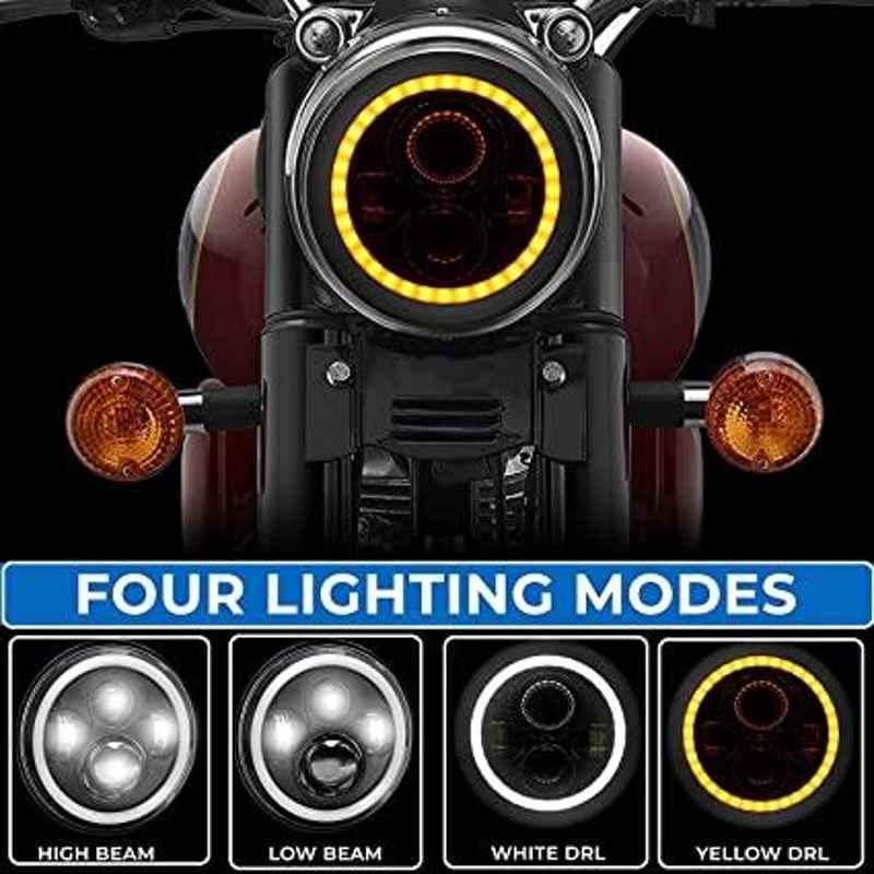 AOW 7 Inch 6 LED Headlight Dual Color DRL Ring Universal for All Royal Enfield Models, Mahindra Thar Jeep (White and Amber, Single Unit) H-4