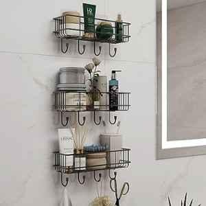 Plantex No Drill Bathroom Organiser/Bathroom Shelf with Hooks/Self Adhesive Shelf for Wall/Towel Holder-GI Steel - Pack of 3 (Black, Powder Coated)