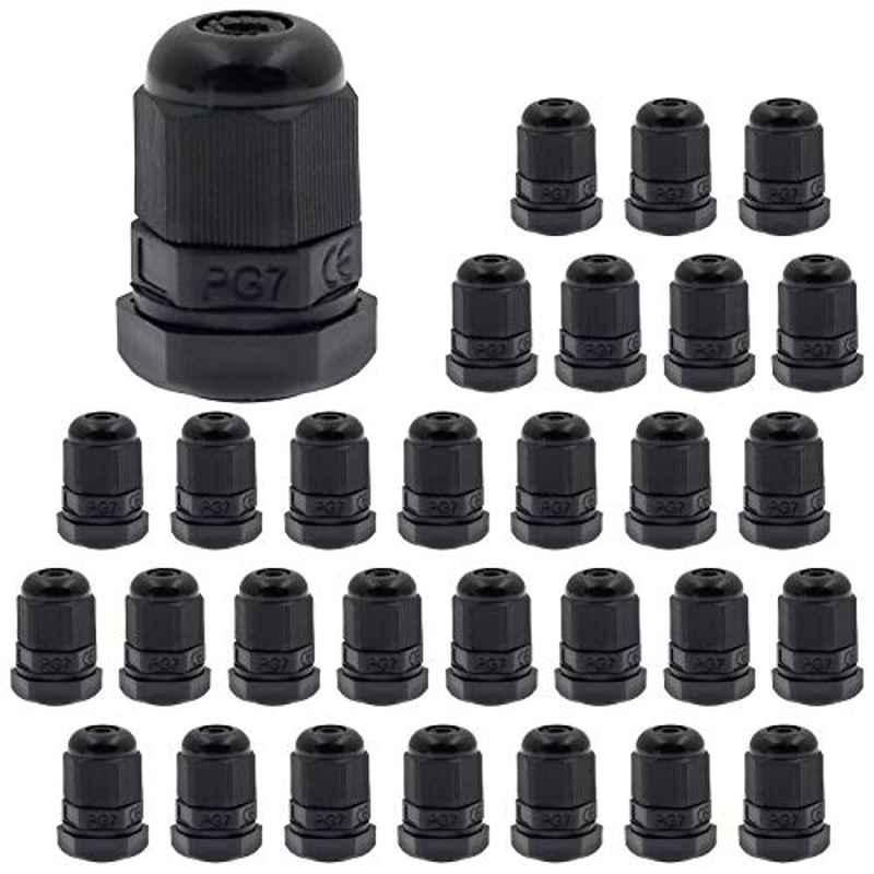 BokWin PG-7 12.5x8mm Nylon Black Cable Gland Connectors with Gaskets, HJ2426 (Pack of 30)