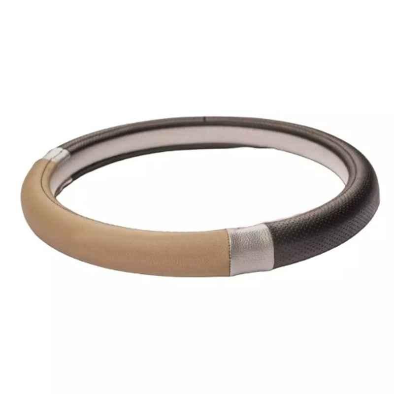 Cipher Leather Black, Silver & Beige Sporty Look Steering Wheel Grip Cover, Size: Small