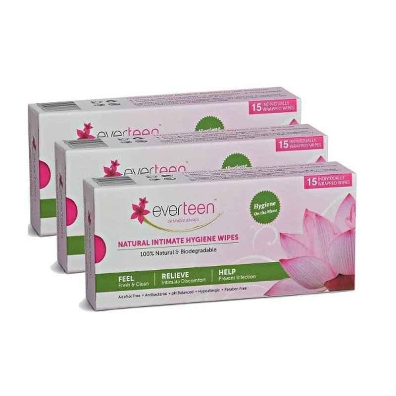 Everteen 15 Pcs Feminine Intimate Hygiene Wipes Box for Women (Pack of 3)