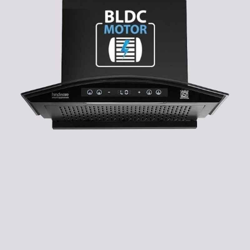 Hindware Sancia BLDC 60 60cm 1400CMH Black Filterless Autoclean Curved Glass Kitchen Chimney with Motion Sensor, Touch Control & 3 Years Warranty, 528044