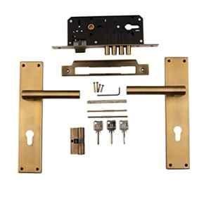 Voltizi ‎Stainless Steel ‎Antique Brass Finish Mortise Bedroom Door Lock Set with 4 Latches, Both Side Key Cylinder & Pull Handle, MG301