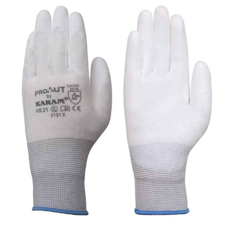 Karam HS21 White Polyester Liner Gloves with White PU Coating Size: L