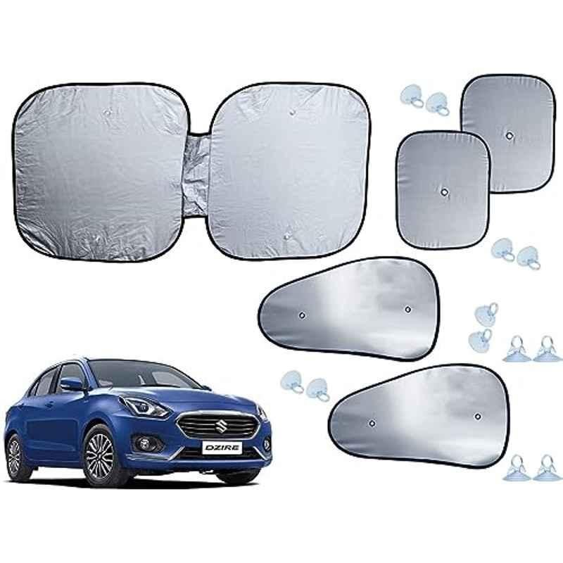 Auto Pearl 5 Pcs Polyester Black & Silver Window & Front Sun Shade Set for Maruti Suzuki Swift Dzire 2017-2019