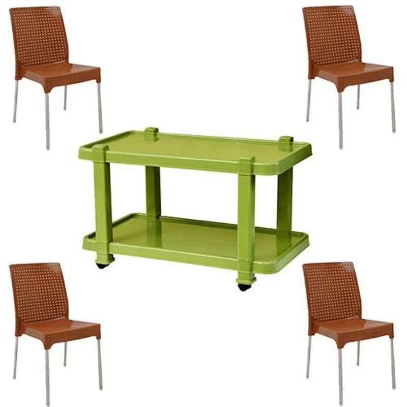 Italica 4 Pcs Polypropylene Camel Plasteel without Arm Chair & Green Table with Wheels Set, 1206-4/9509