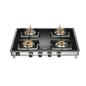 Hindware Dario Blk 4B Glass Top Cooktop with 4 Brass Burner & Manual Ignition