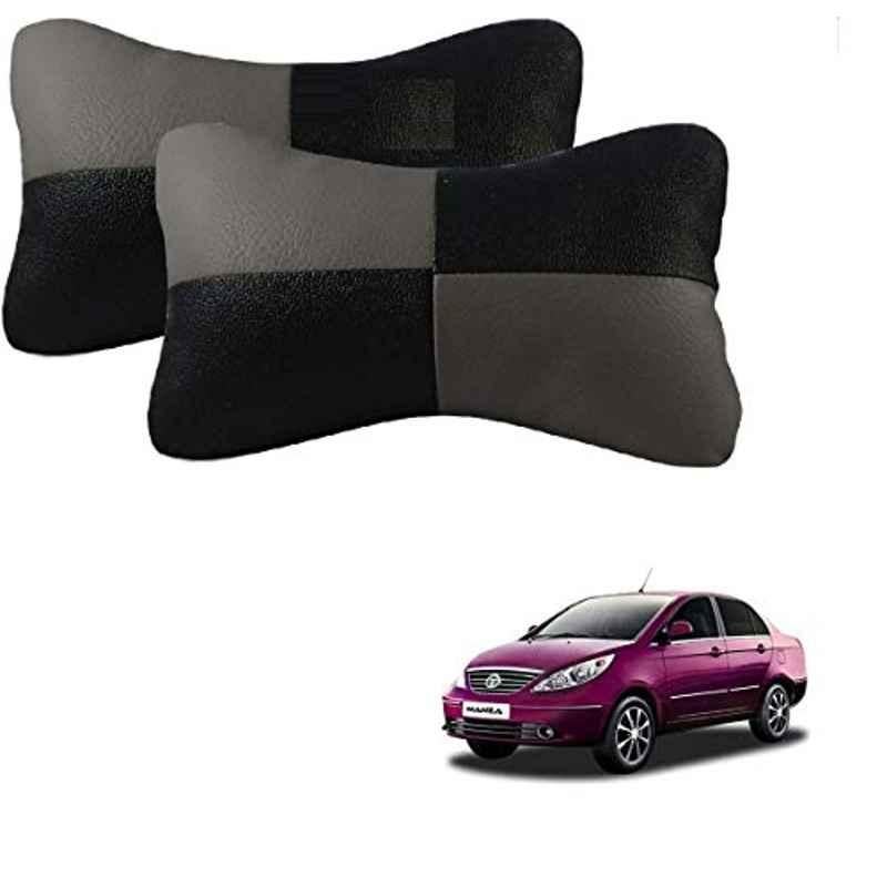 Kozdiko 2 Pcs Leather Grey & Black Neck Rest Car Cushion Pillow Set for Tata Manza