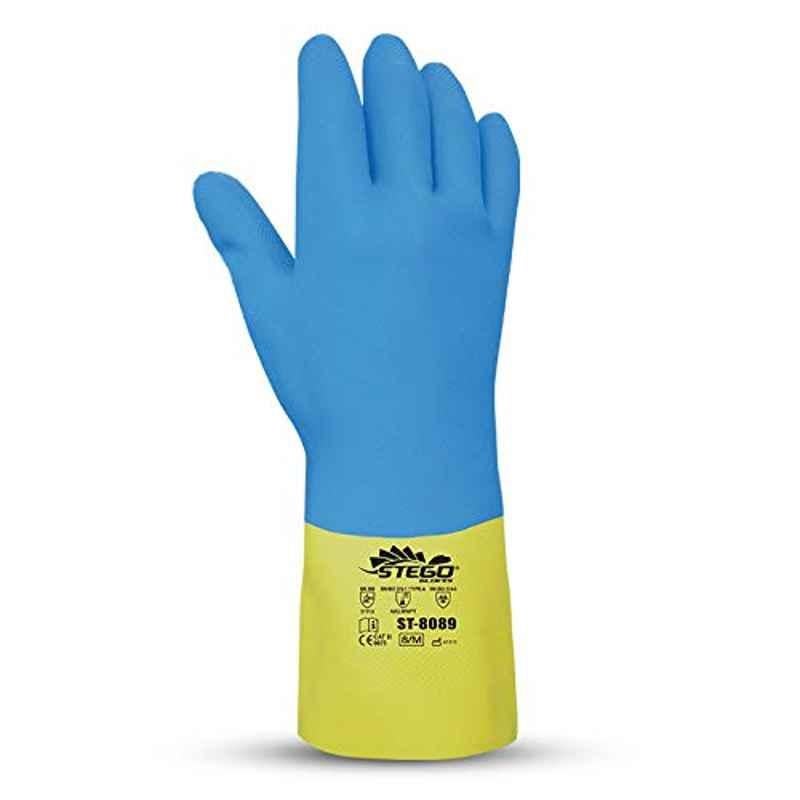 Stego Neoprene Cotton Flock Blue & Yellow Chemical & Liquid Protection Safety Gloves, ST-8089, Size: L