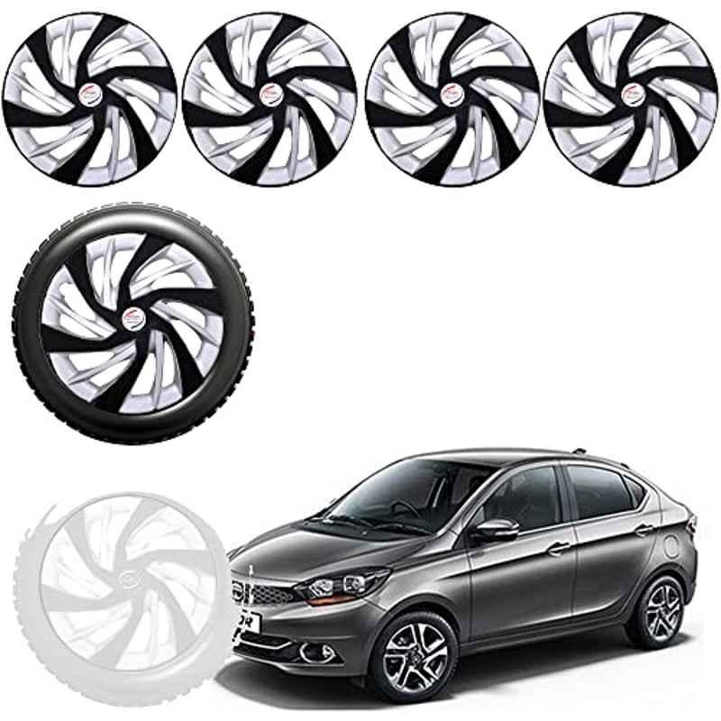 Auto Pearl 4 Pcs 13 inch Black & Silver ABS Press Type Hubcap Wheel Cover Set with Retention Ring for Tata Tiago XB XE XM
