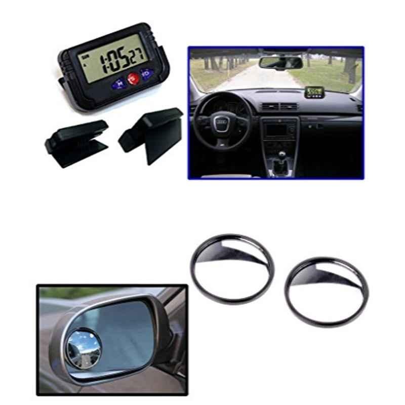 Kozdiko Plastic Black Car Dashboard Digital Clock & Rear Side View Blind Spot Mirror Combo