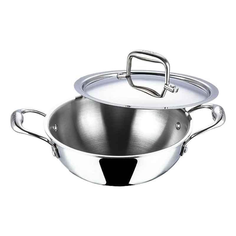 Vinod Platinum Triply 3.3L Stainless Steel Silver Kadai with Stainless Steel Lid, PDK24