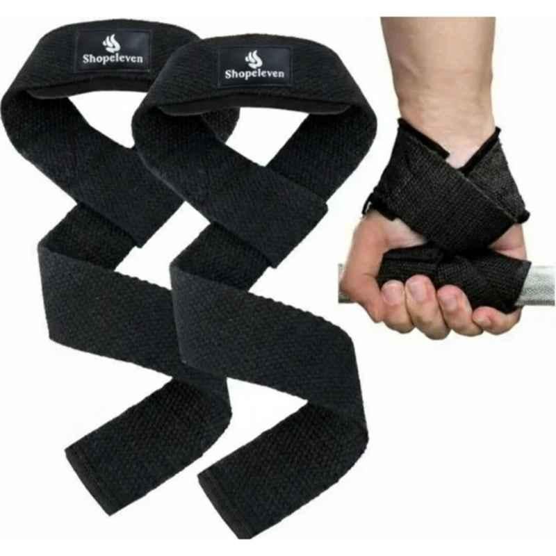 Shopeleven Polyester & Cotton Black Non-Slip Weight Lifting Straps with Padded Cuff, Size: 16-18 cm