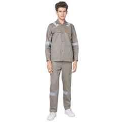 French Terrain 200 GSM 100% Cotton Grey Industrial Work Wear Jacket & Pant Set with Reflective Tape for Men, Size: 4XL (48 cm)