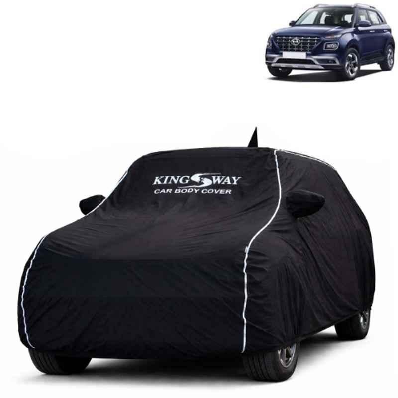 Kingsway Super Waterproof All Weather Protection Polypropylene Black Car Cover for Hyundai Venue 2019 to 2022 with Silver Piping, Mirror & Antenna Pockets