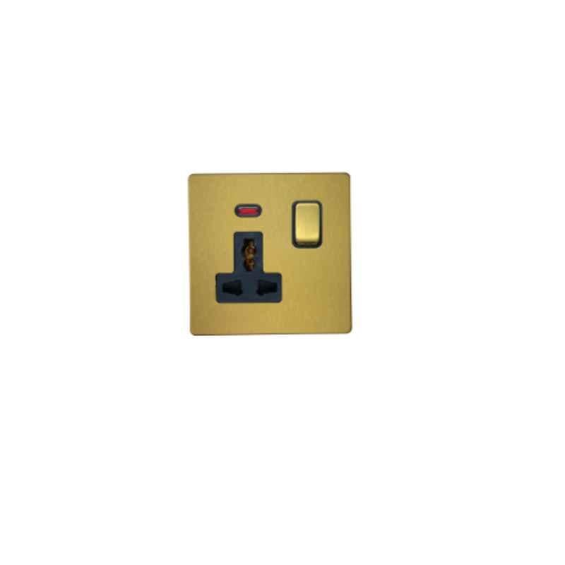 RR Vivan Metallic 13A Brushed Gold Single Universal Outlet Switched Socket with Neon & Black Insert, VN6694M-B-BG