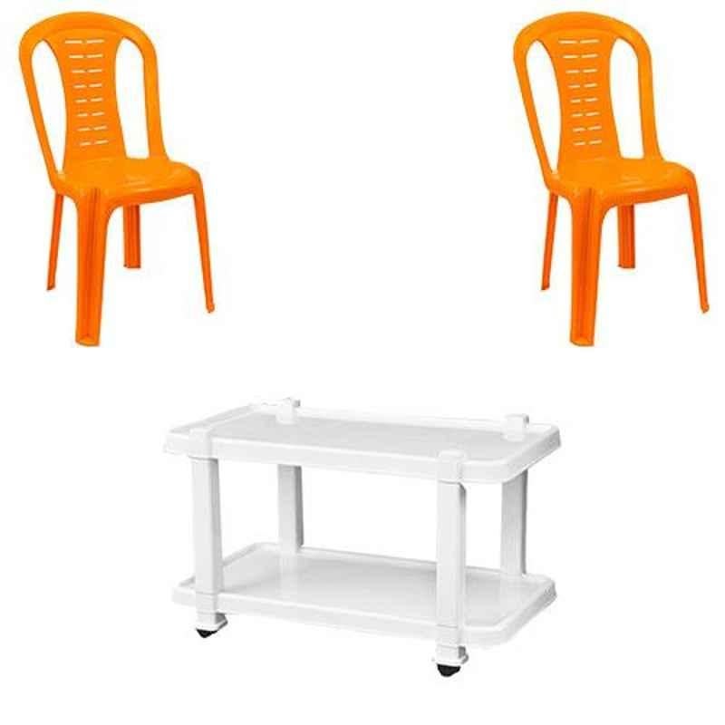 Italica 2 Pcs Polypropylene Orange Without Arm Chair & White Table with Wheels Set, 9312-2/9509