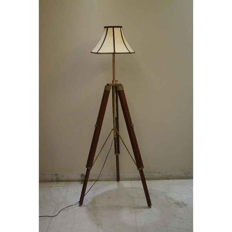 Tucasa Mango Wood Brown Tripod Floor Lamp with Polycotton Off White Shade, P-117
