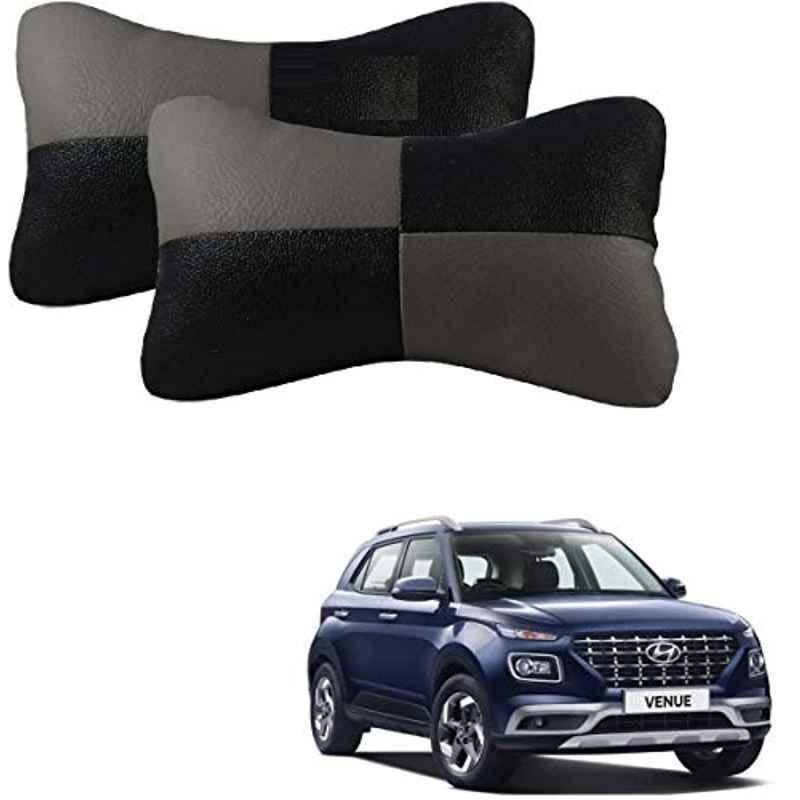 Kozdiko 2 Pcs Leather Grey & Black Neck Rest Car Cushion Pillow Set Universal for All Cars