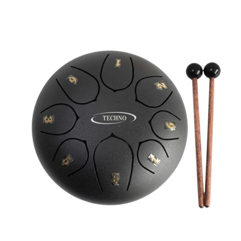 Techno 6 inch 8 Tone Carbon Steel Black Happy Drum with Carry Bag & Stick, RJ-HD33