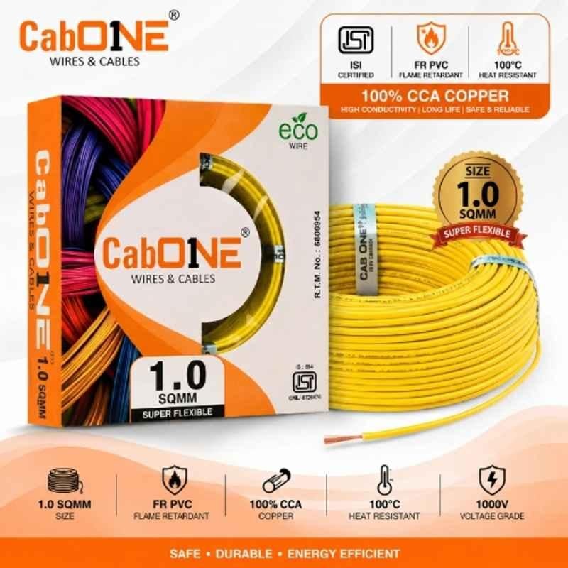 CabONE Lite 1 Sqmm Yellow Single Core FR PVC Insulated CCA Copper Electrical Wire, Length: 45 m