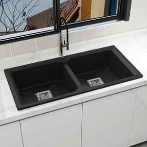 Plantex 37x18 inch Charcoal Black Matt Kitchen Sink/UV Protected Quartz Sink for Kitchen/Double Bowl Sink with Coupling & Hose Pipe