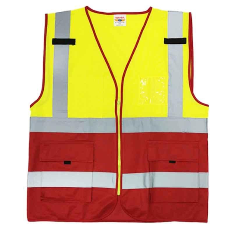 Taha Polyester Yellow & Red SJ 4 Line Safety Jacket, Size: XL