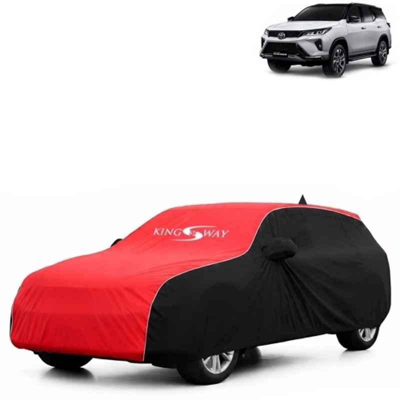 Kingsway Super Waterproof All Weather Protection Polypropylene Black & Red Car Cover for Toyota Fortuner 2021 to 2025 with Silver Piping, Mirror & Antenna Pockets