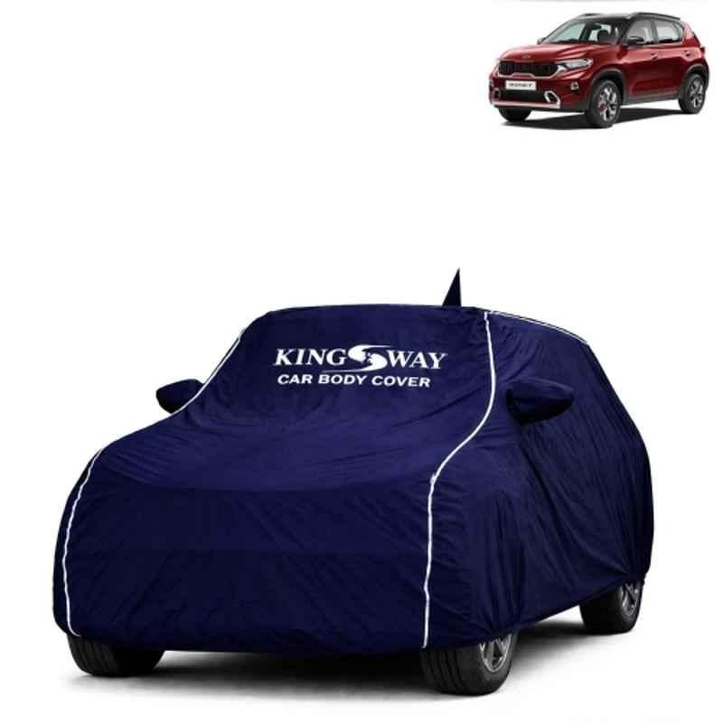 Kingsway Super Waterproof All Weather Protection Polypropylene Blue Car Cover for Kia Sonet 2020 to 2024 with Silver Piping, Mirror & Antenna Pockets