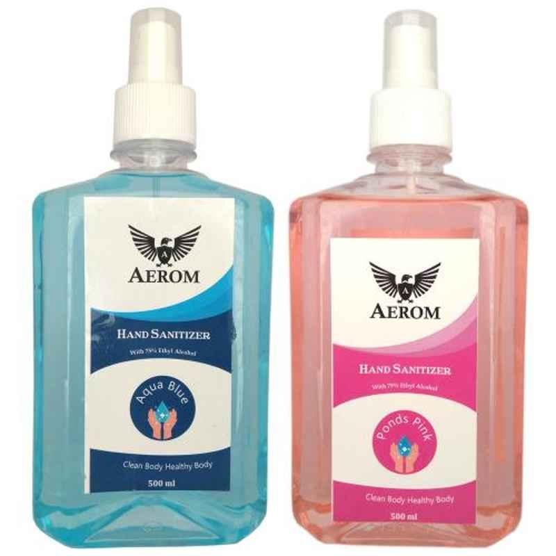 Aerom Aqua Blue and Ponds Pink 500ml 75% Ethyl Alcohol Multipurpose Hand Sanitizer Spray (Pack of 2)