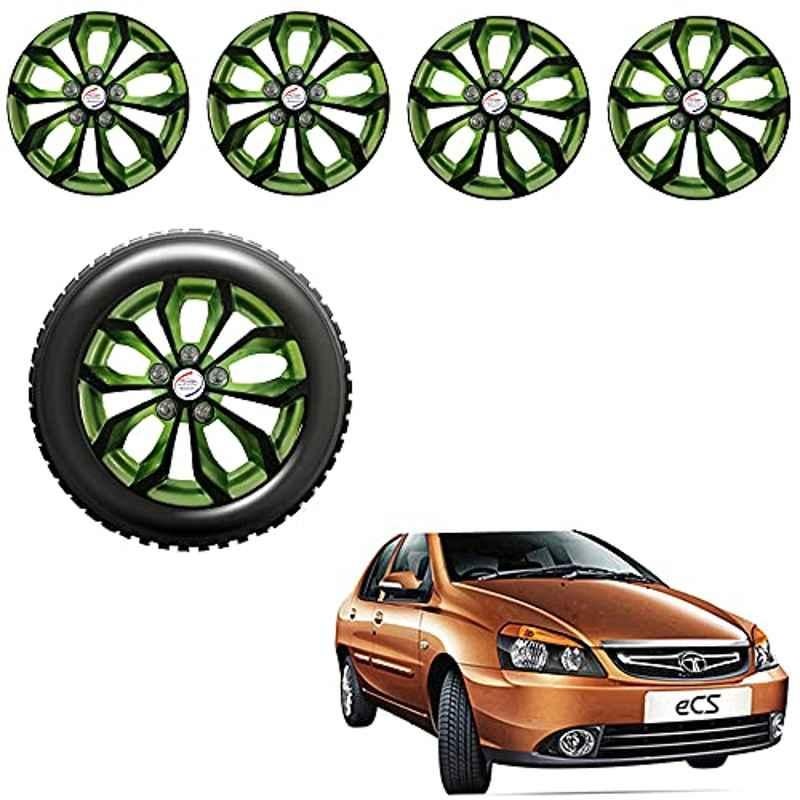 Auto Pearl 4 Pcs 14 inch Black & Green ABS Press Type Hubcap Wheel Cover Set with Retention Ring for Tata IndigoCS